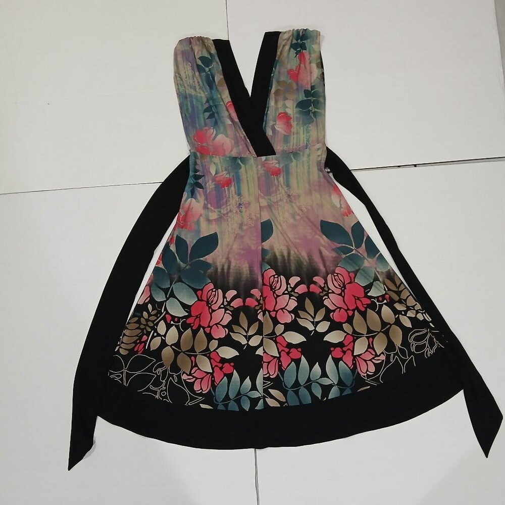 Roulette Women's Double V-Neck back and front Midi stretchy floral Dress size M.